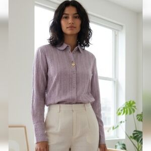Vintage Feminine Preppy Lavender Textured Button-Down Blouse – Size XL
